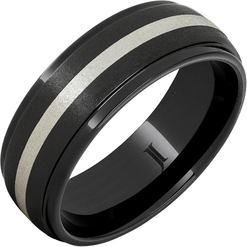 Jewelry Innovations Black Diamond Ceramic Ring With Sterling Silver Inlay and Stone Finish 8mm