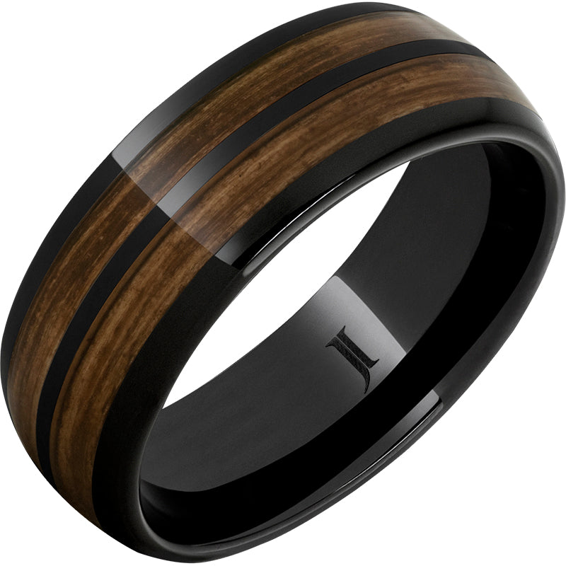 Double Barrel – Barrel Aged™ Black Diamond Ceramic™ Dome Ring with Bourbon Inlays 8mm